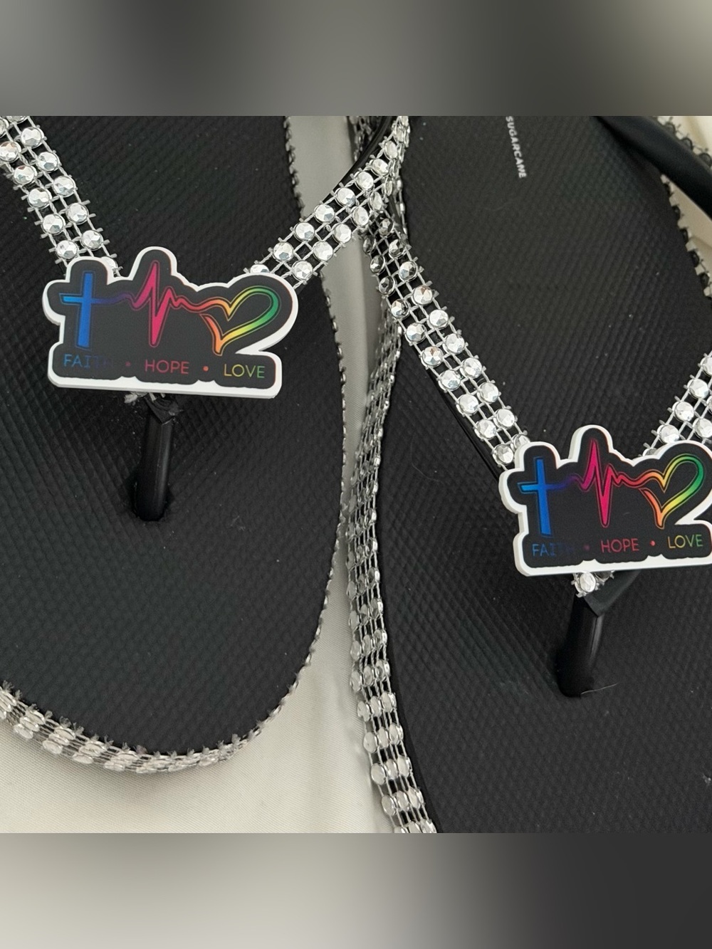 Black Rhinestone Flip Flops with Faith Hope Love Charm